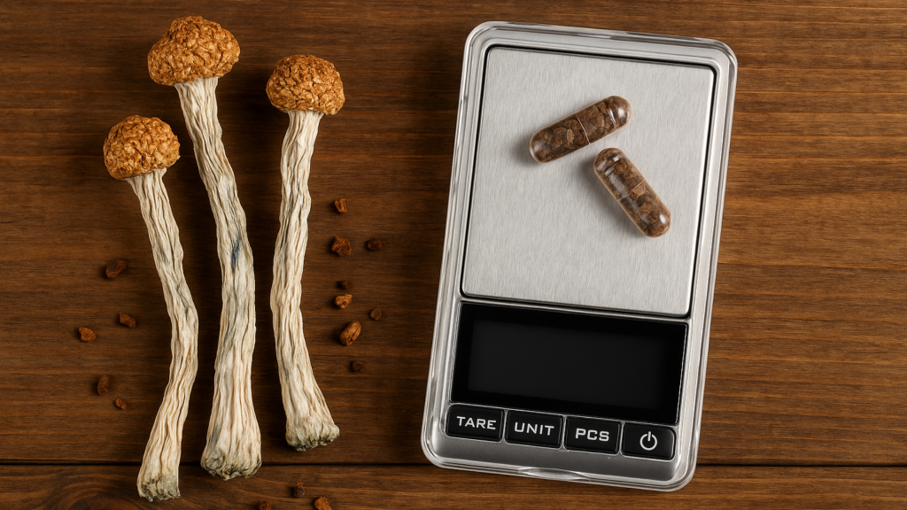 magic mushrooms on a scale with some pills