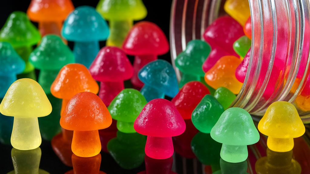 Magic Mushroom Gummies on a cover photo in a row