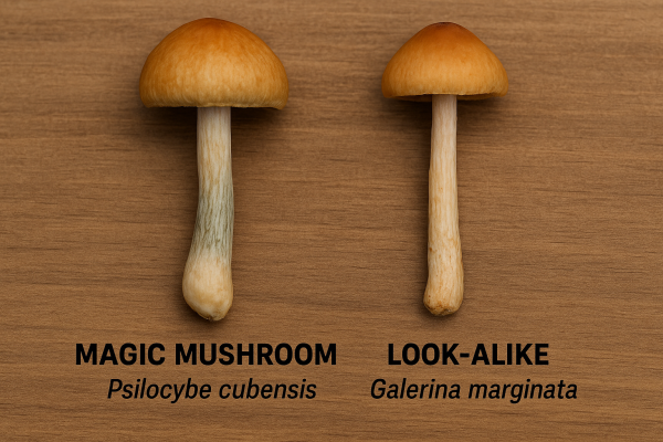 Magic mushroom in comparison of a look-alike mushroom