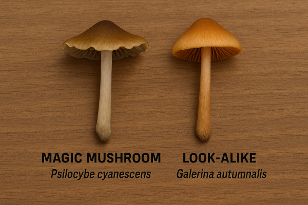 regular shroom next to magic mushroom look alike