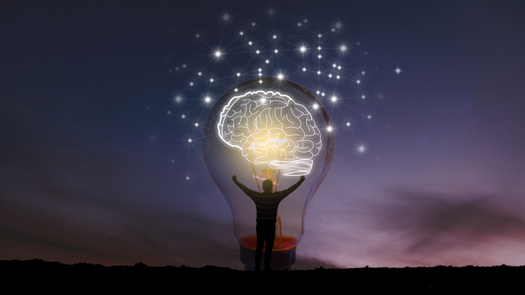 man and a brain in a lightbulb