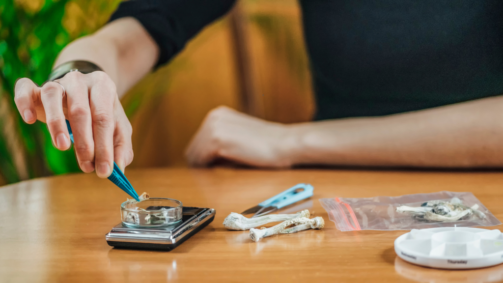 weighting mushroms on a scale